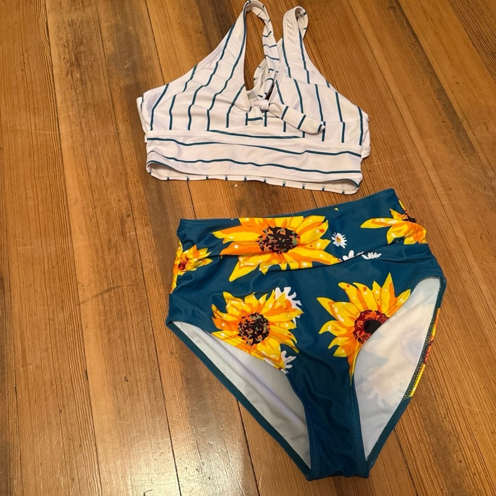 High Waisted Sunflower Bikini Set Small Full Coverage Bottom Striped Top